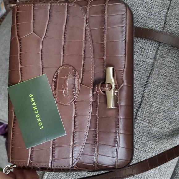 Longchamp Roseau Brown Croc Embossed Leather Bag - Picture 13 of 13